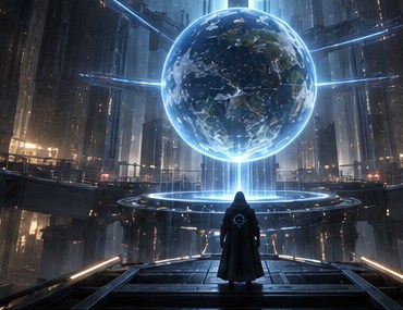 A Wright stands before a holographic planet suspended in the Forge Chamber