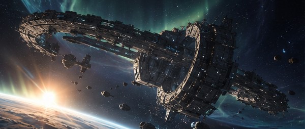 A vast ring-shaped Forgehold drifting above a planet under an aurora