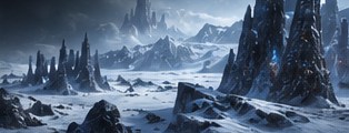 Black stone spires rising from a frozen plain