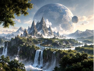 Green mountains and waterfalls beneath a huge moon