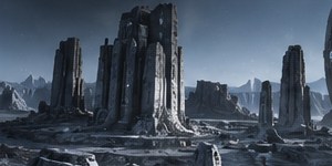 Abandoned towers standing on a grey plain
